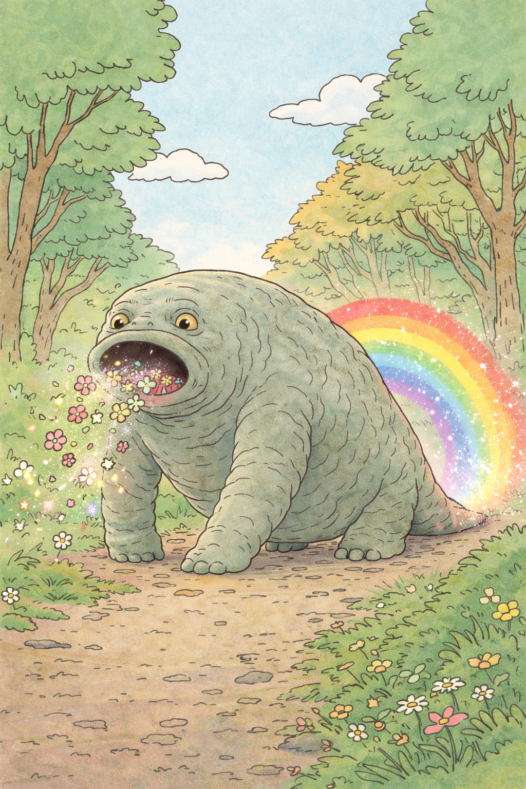 Krásnožrout se zavrtává do země, zatímco za ním zůstává duha.