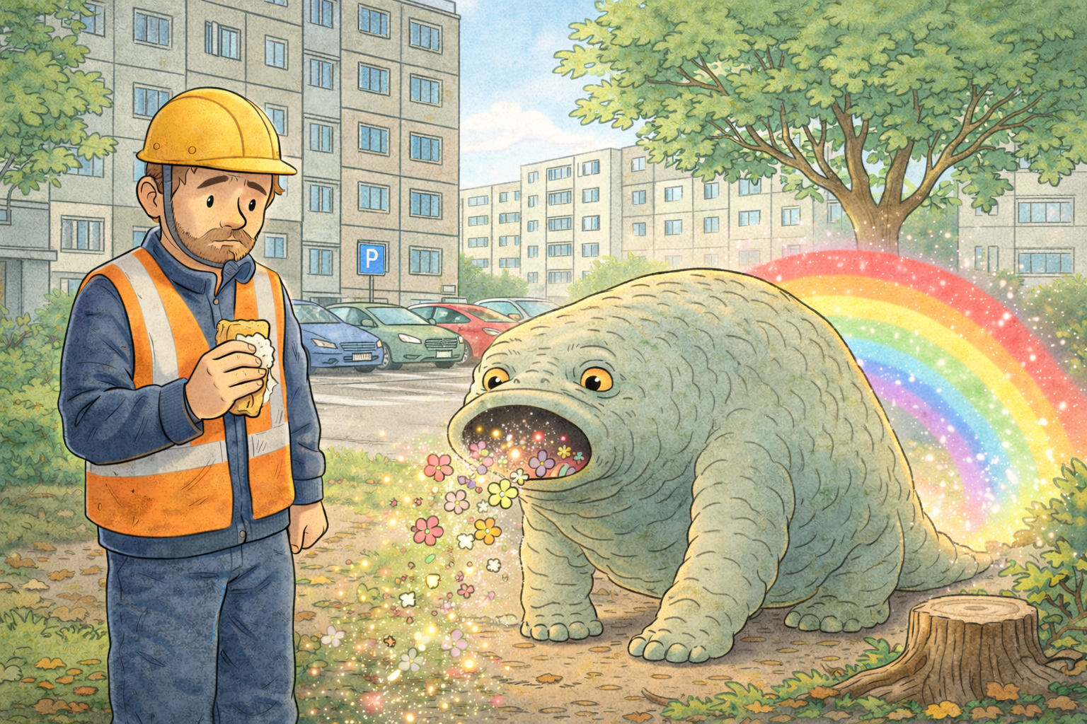 Krásnožrout: šedozelené stvoření s hubicí jako vysavač, které pomalu kráčí a nasává krásu; za ním se rodí duha.